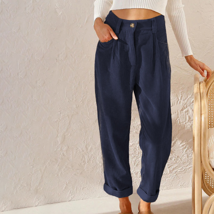 Women’s Corduroy Pants - High Waist - Pleated Front - Relaxed Fit - Ribbed Texture