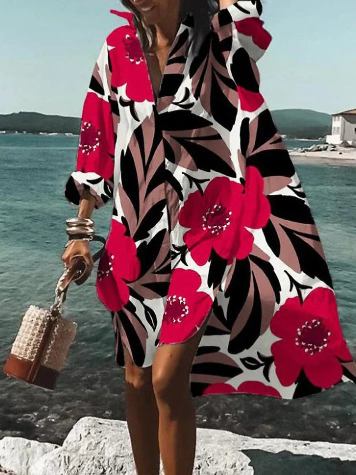 Women's Geometric Dress - Loose Fit - V-Neck - Long Sleeve Flowy Casual Wear