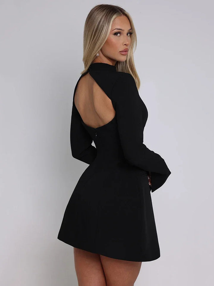 Women's Mini Dress - Long Sleeve - High Neck - Flared Cuffs - Elegant Fit