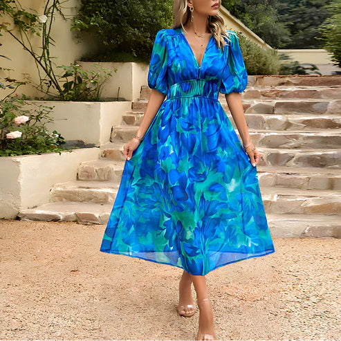 Women's Midi Dress - Floral Print - V-Neck - Puff Sleeves - Cinched Waist - Flowy Fit