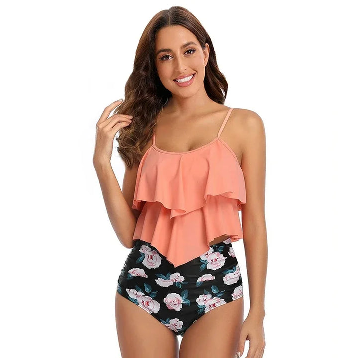 Women’s Bikini Set – Ruffled Top – High Rise Bottom – Modest Fit – Soft Stretch Fabric