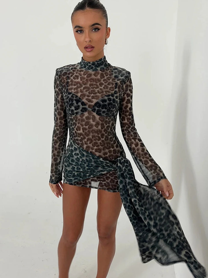 Women's Mini Dress - Animal Print - High Neck - Long Sleeve - Bodycon Fit - Side Tie