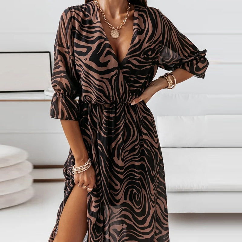 Women's Long Dress - V-Neck - Cinched Waist - Long Sleeve High-Slit Elegant Wear