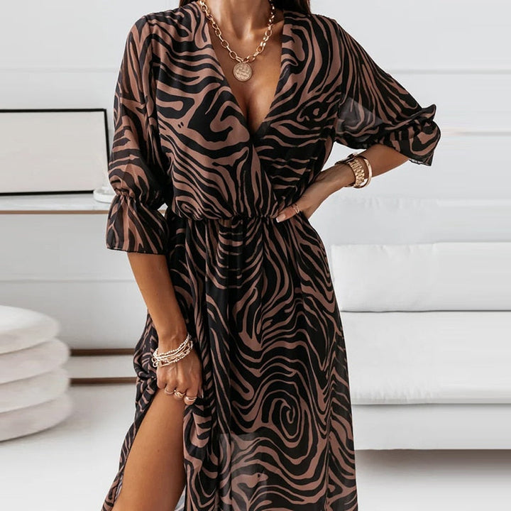 Women's Long Dress - V-Neck - Cinched Waist - Long Sleeve High-Slit Elegant Wear