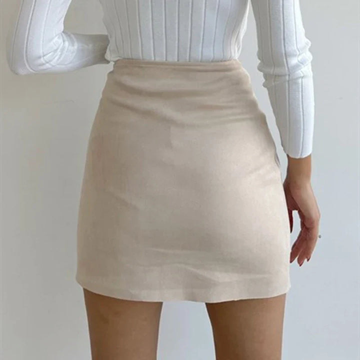 Women’s Mini Skirt - High Waist - Asymmetric Button Detail - Soft Structured Fabric