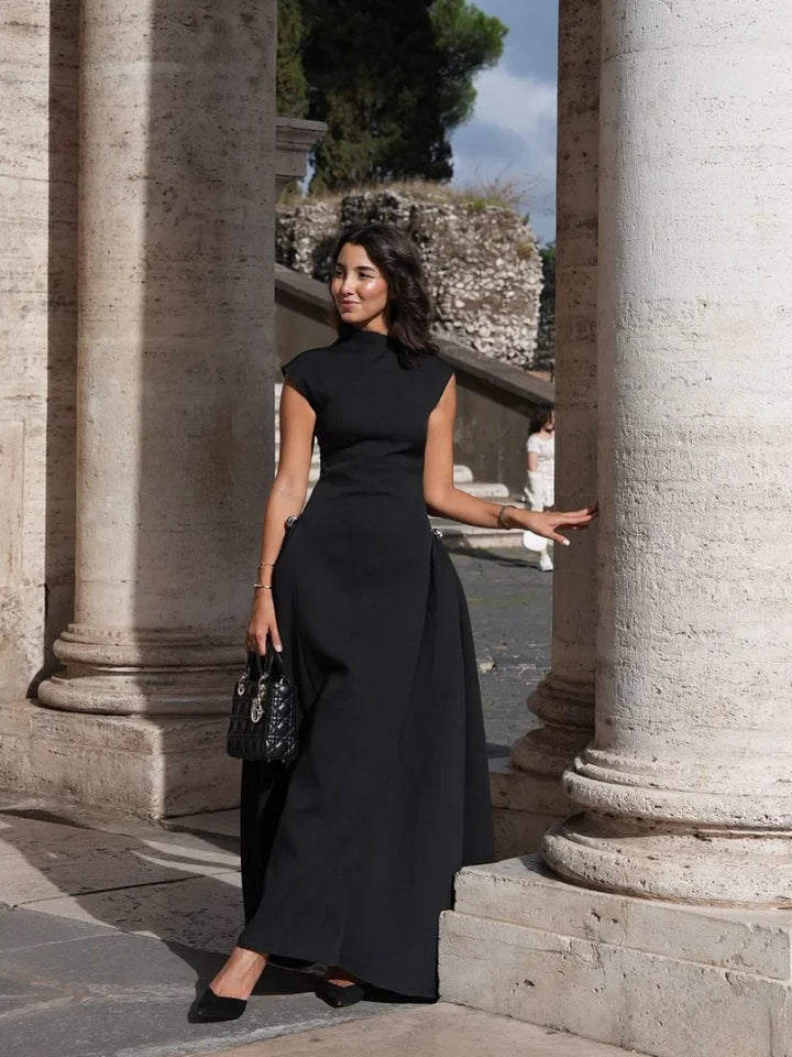 Women's Evening Gown - High Neckline - Cap Sleeves - Floor-Length Elegant Dress