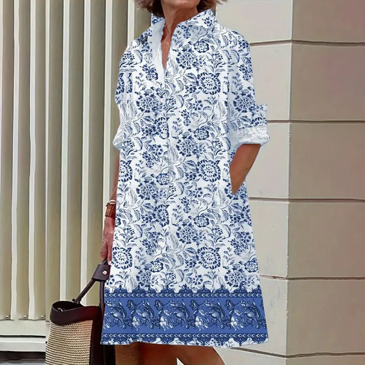 Women's A-Line Shirt Dress - Button Down - Long Sleeve - Classic Collar - Knee Length