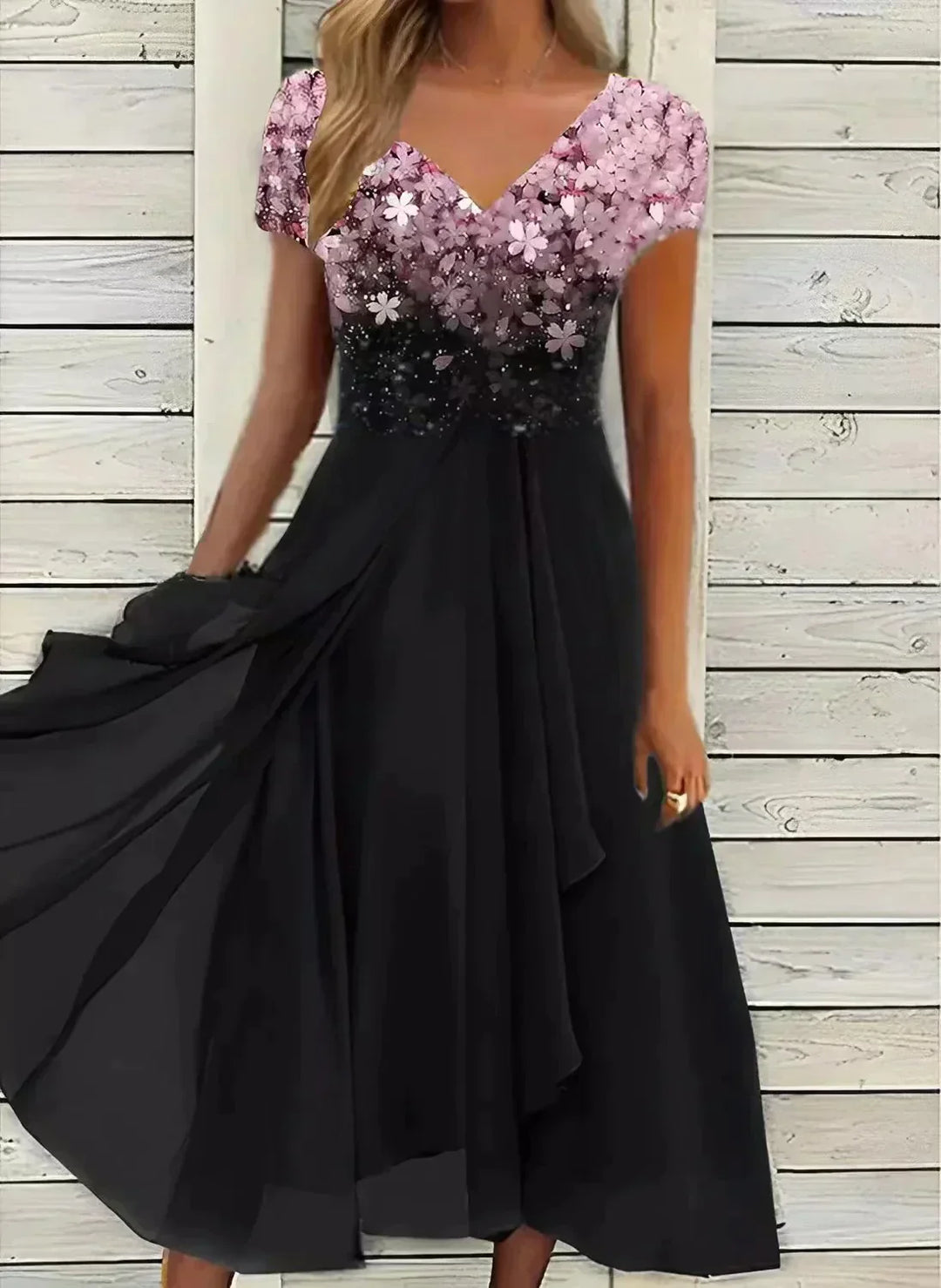 Women's Elegant Dress - V-Neck Floral Bodice - Short Sleeve A-Line Flowing Fit