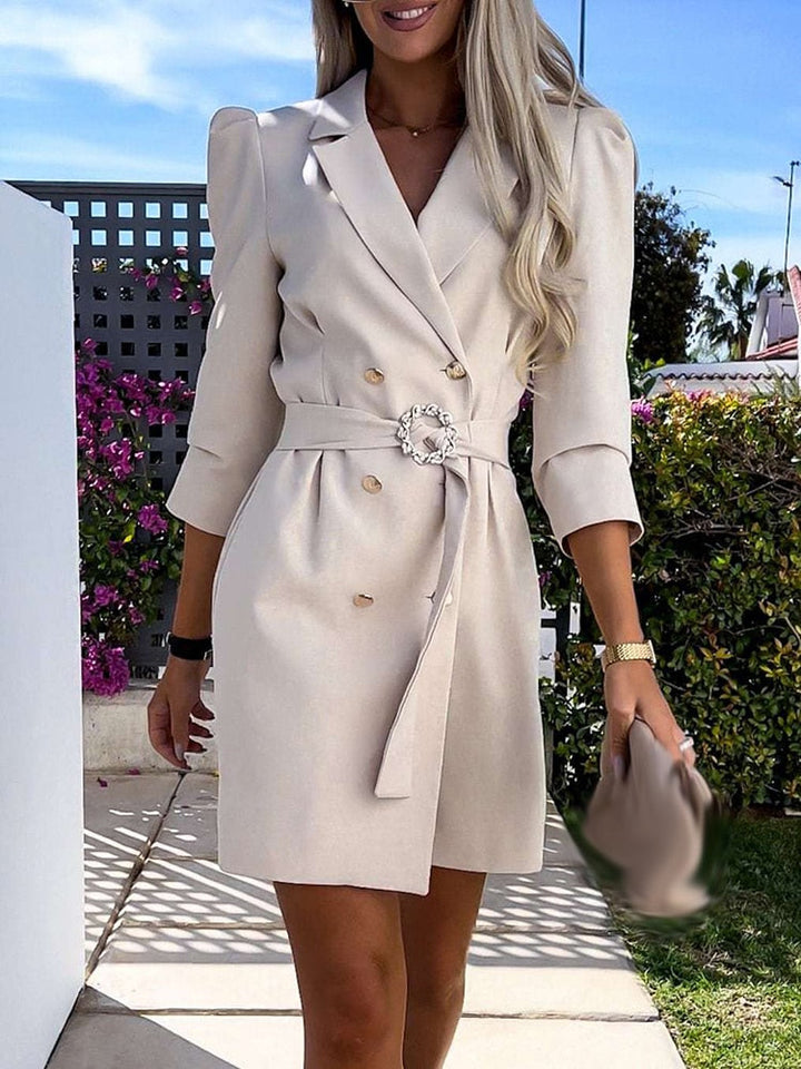 Women’s Blazer Dress – Tailored Fit – Double-Breasted – Belted Waist – Puffed Shoulders