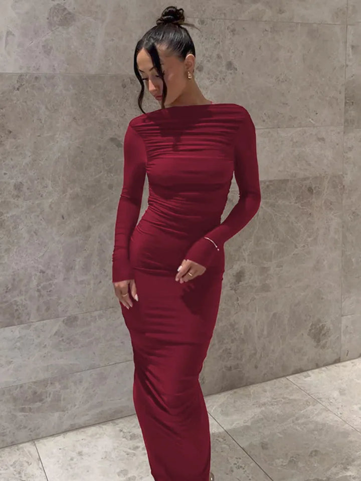 Women's Evening Gown - Long Sleeve - High Neck - Ruched Form-Fitting Elegance