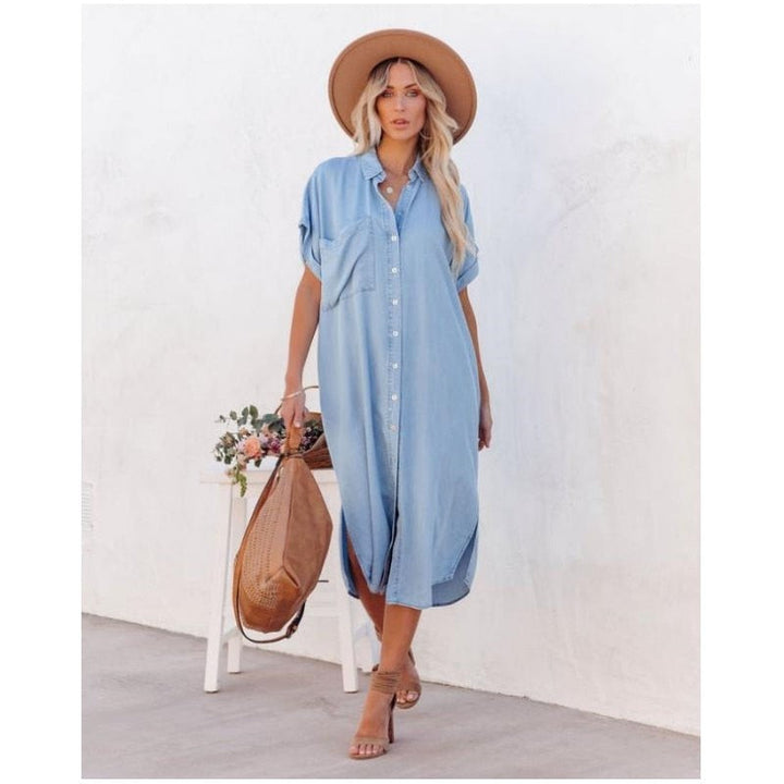 Women's Denim Shirtdress - Button Down - Rolled Short Sleeves - Relaxed Fit