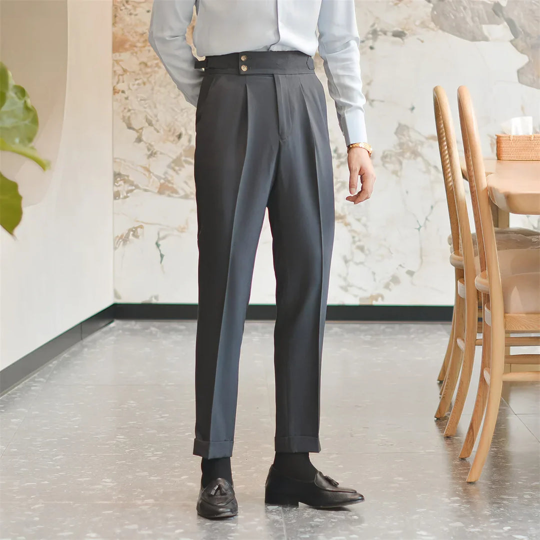 Men’s Tailored Trousers – Formal Fit – High-Rise Waist – Pleated Front – Cuffed Hem