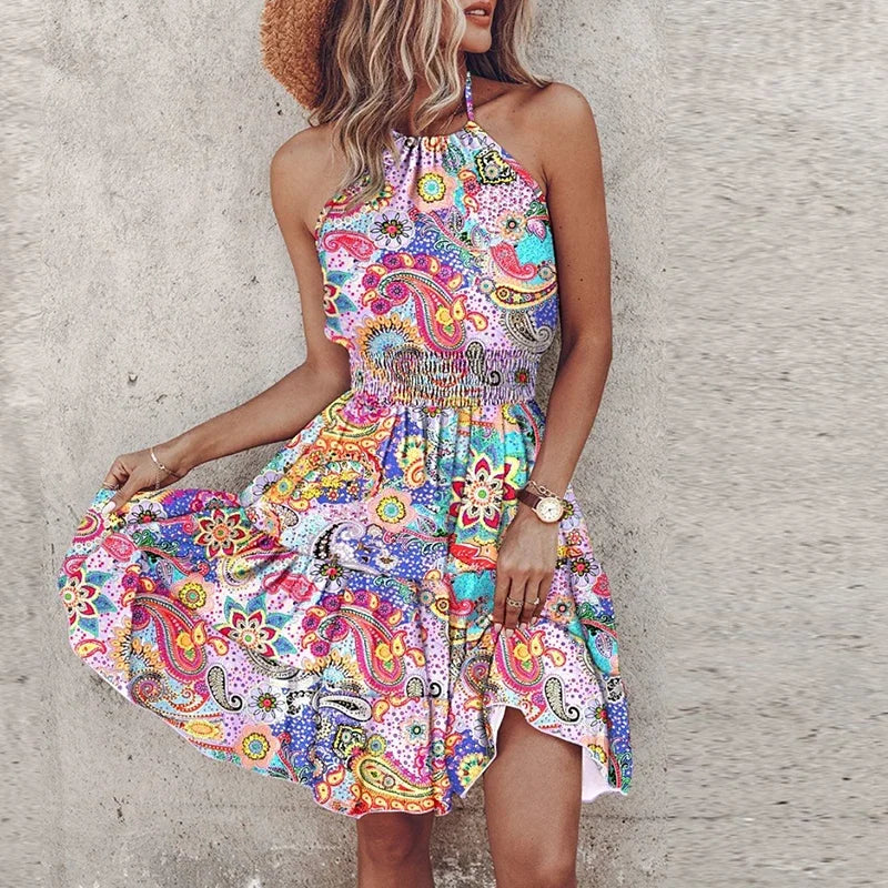 Women’s Mini Dress – Halter Neck – Smocked Waist – Relaxed Fit – Bohemian Print