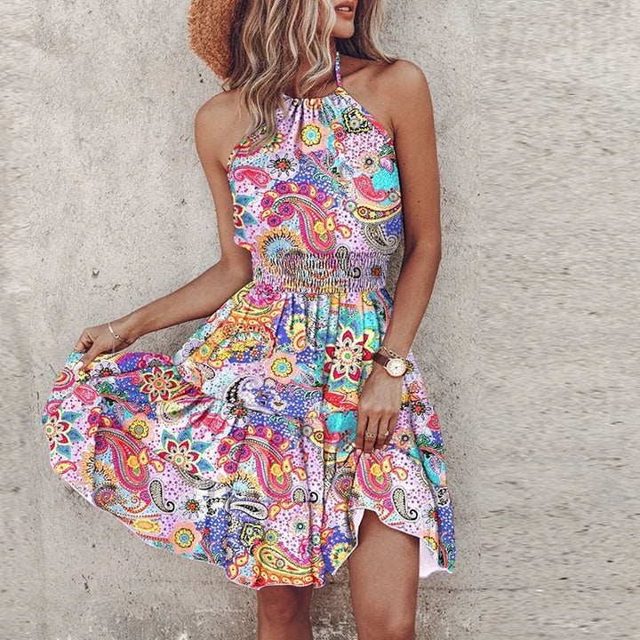 Women’s Mini Dress – Halter Neck – Smocked Waist – Relaxed Fit – Bohemian Print