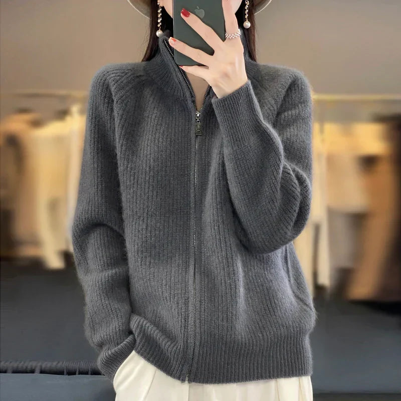 Women’s Cardigan – Relaxed Fit – Zip Front – Hip Length Casual Layer