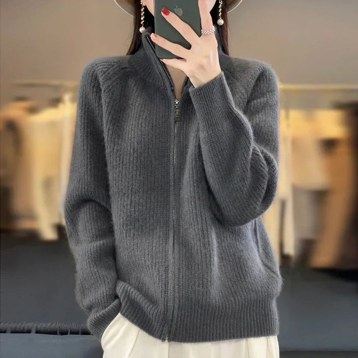 Women’s Cardigan – Relaxed Fit – Zip Front – Hip Length Casual Layer