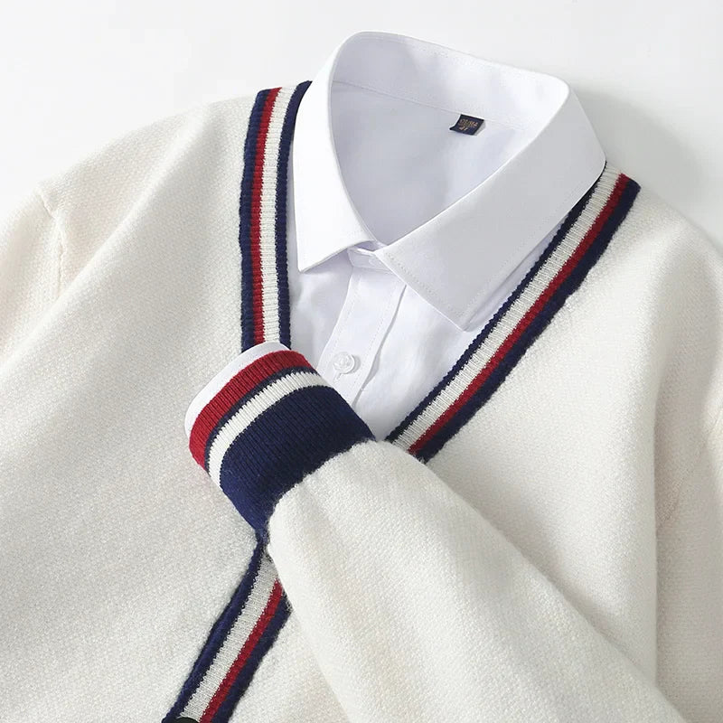 Men’s Cardigan – Knit Wool Blend – Relaxed Fit – V-Neck Button-Up – Ribbed Trim