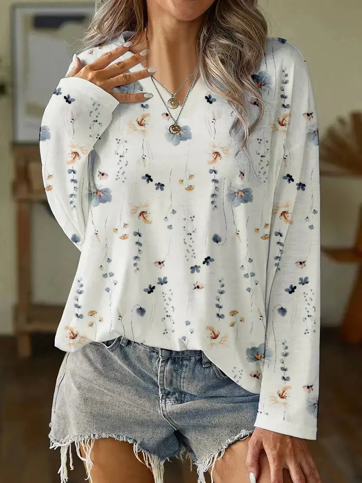 Women’s Blouse – Relaxed Fit – V-Neck – Long Sleeve – Floral Pattern – Breathable Blend