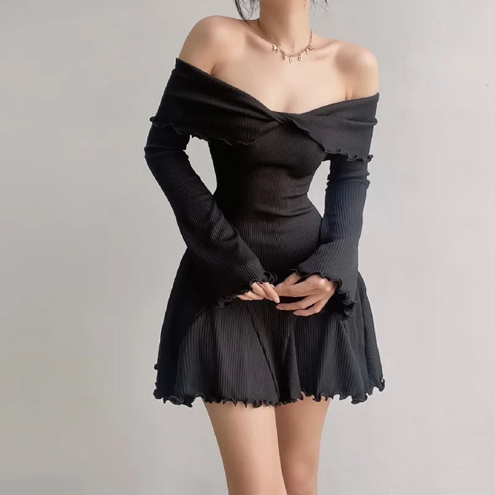 Women's Off-Shoulder Dress - Ribbed Texture - Long Sleeve - Flared Skirt - Ruffled Hem