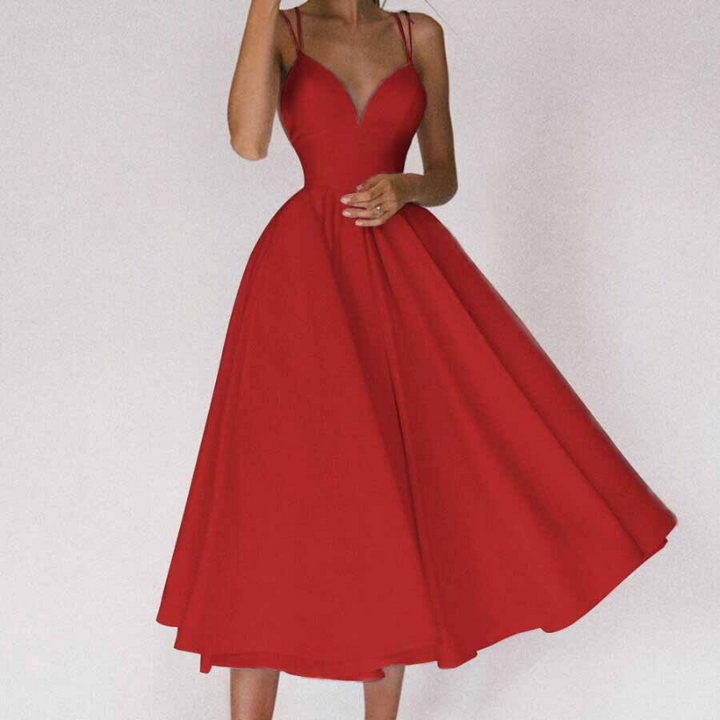 Women's Evening Gown - Sweetheart Neckline - Spaghetti Straps - A-Line Midi Dress