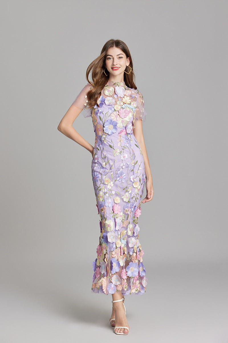 Women’s Maxi Dress – Fitted Silhouette – Embroidered Mesh – Sheer High Neckline