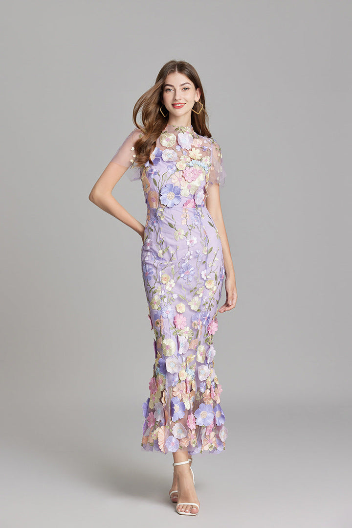 Women’s Maxi Dress – Fitted Silhouette – Embroidered Mesh – Sheer High Neckline