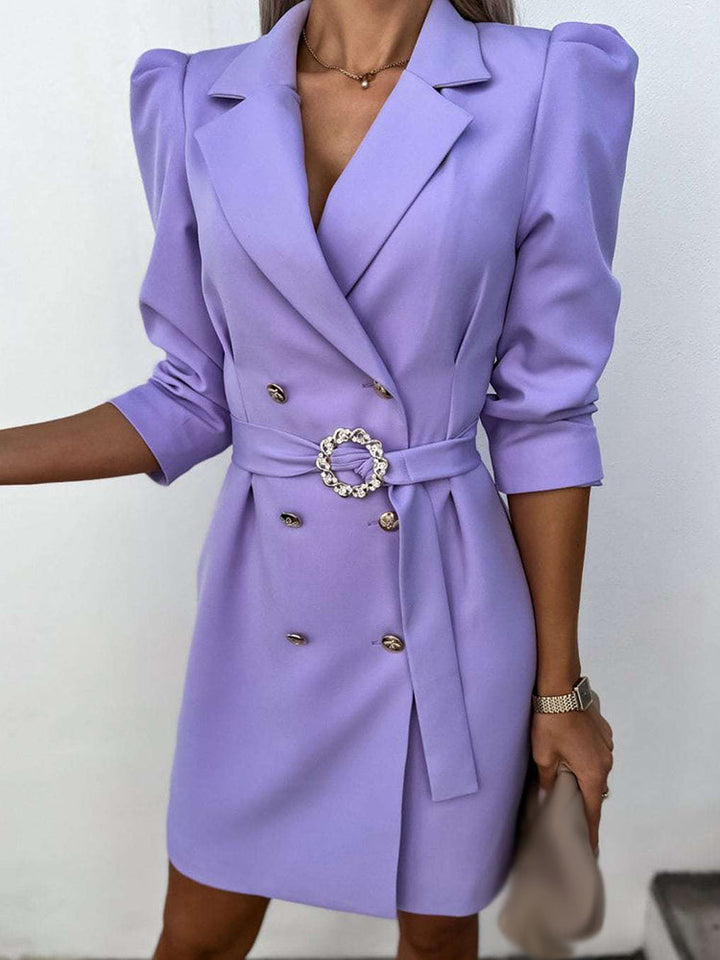 Women’s Blazer Dress – Tailored Fit – Double-Breasted – Belted Waist – Puffed Shoulders
