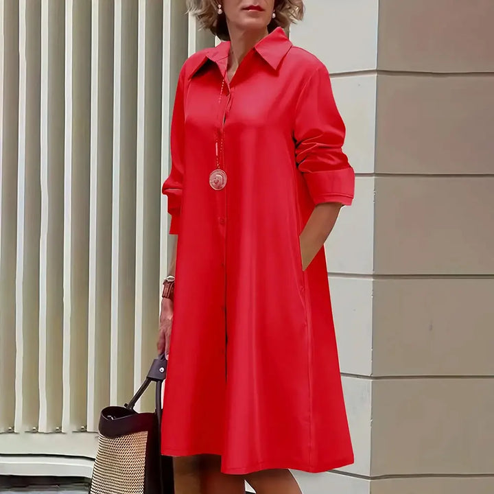 Women's A-Line Shirt Dress - Button Down - Long Sleeve - Classic Collar - Knee Length