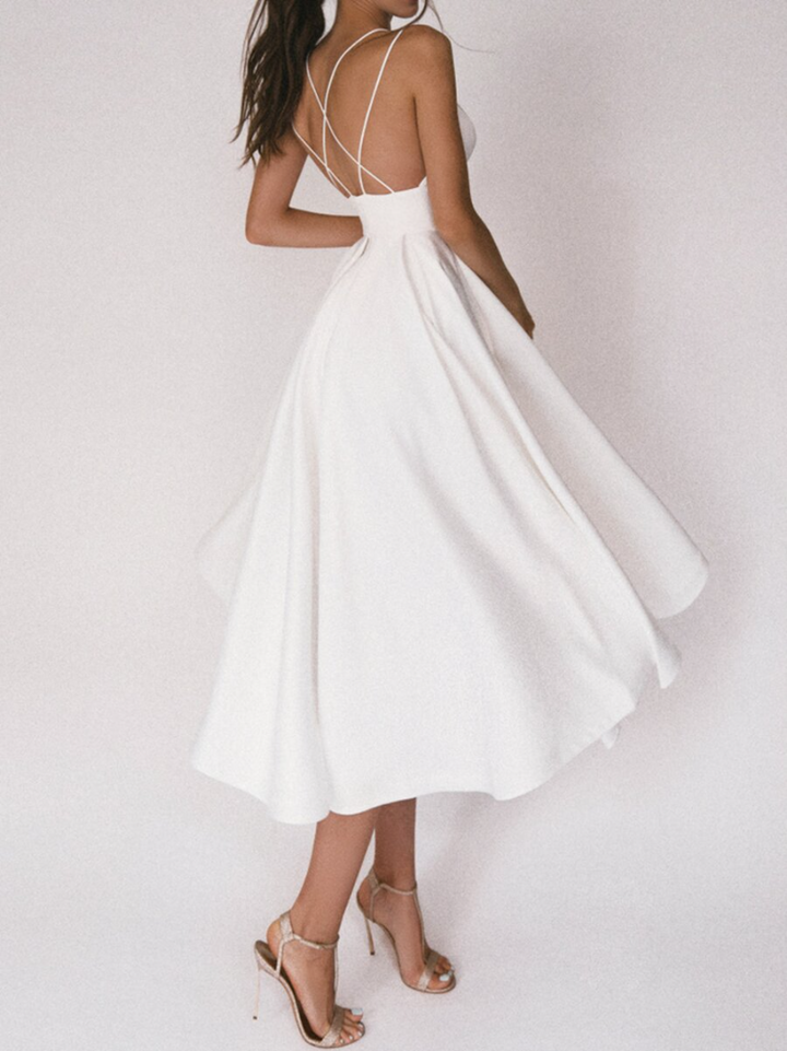 Women's Evening Gown - Sweetheart Neckline - Spaghetti Straps - A-Line Midi Dress