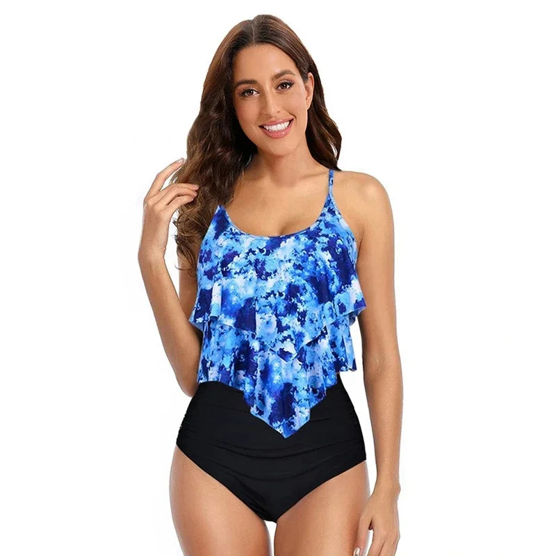 Women’s Bikini Set – Ruffled Top – High Rise Bottom – Modest Fit – Soft Stretch Fabric