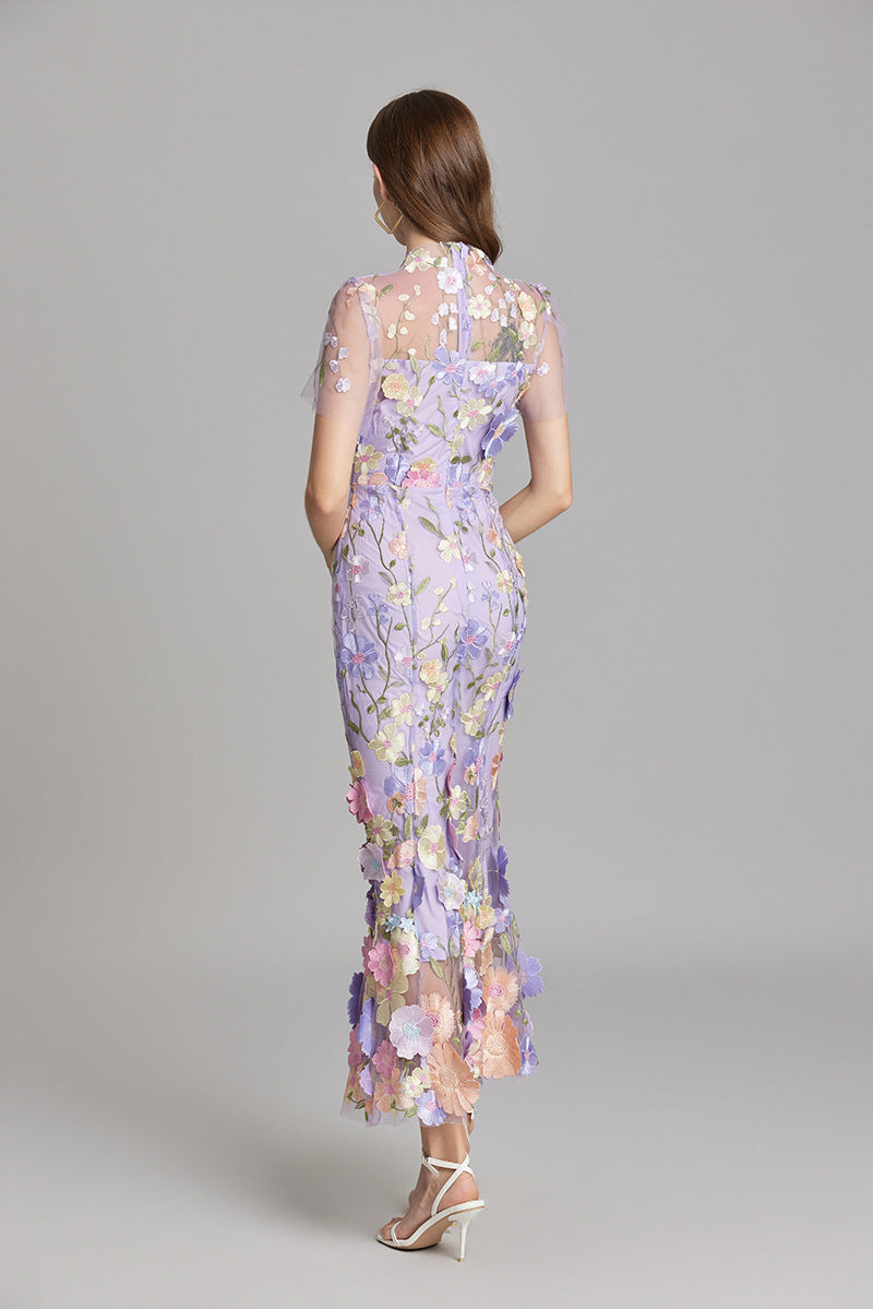 Women’s Maxi Dress – Fitted Silhouette – Embroidered Mesh – Sheer High Neckline