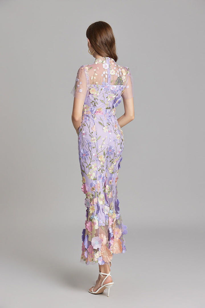 Women’s Maxi Dress – Fitted Silhouette – Embroidered Mesh – Sheer High Neckline