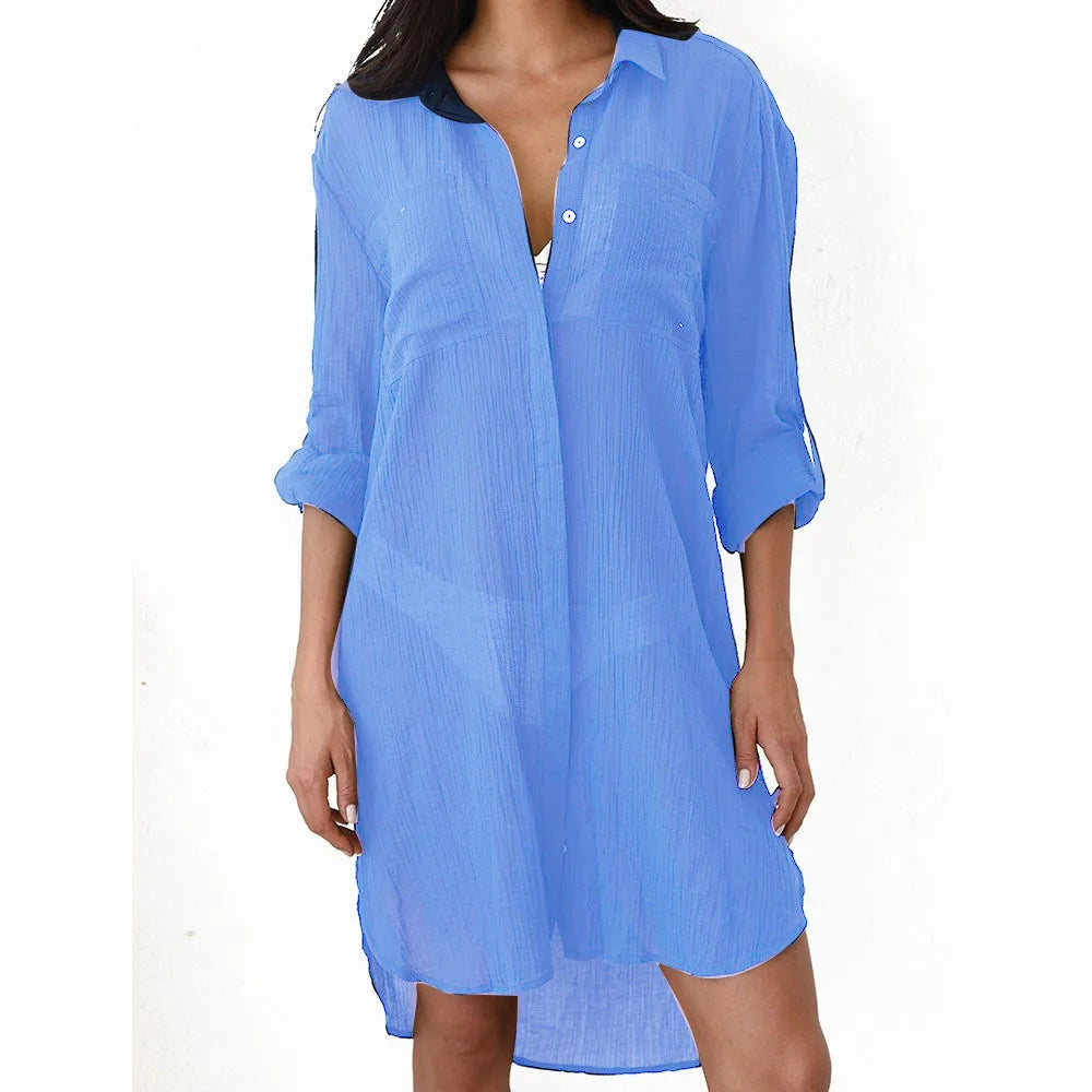 Women’s Cover-Up Dress – Relaxed Fit – Button-Down – Semi-Sheer – Breathable Blend