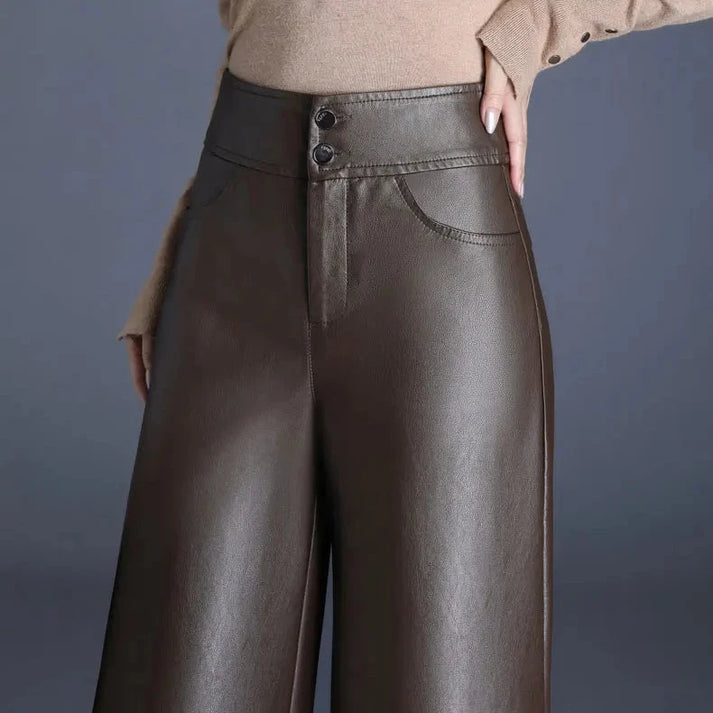 Women’s Leather Trousers - High Waist - Wide Leg - Relaxed Fit - Full Length