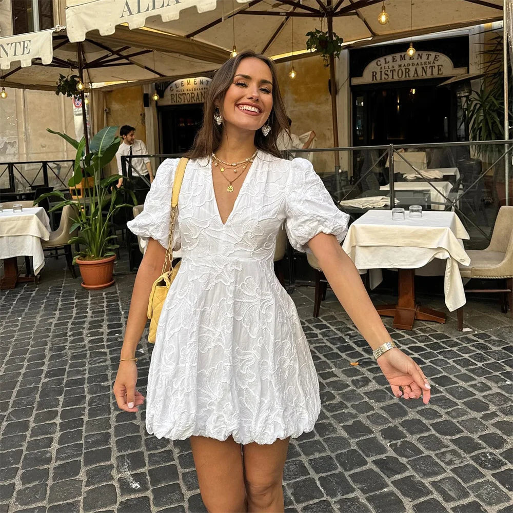 Women's Mini Dress - V-Neck - Puff Sleeves - Embroidered Fit-and-Flare Elegant Style