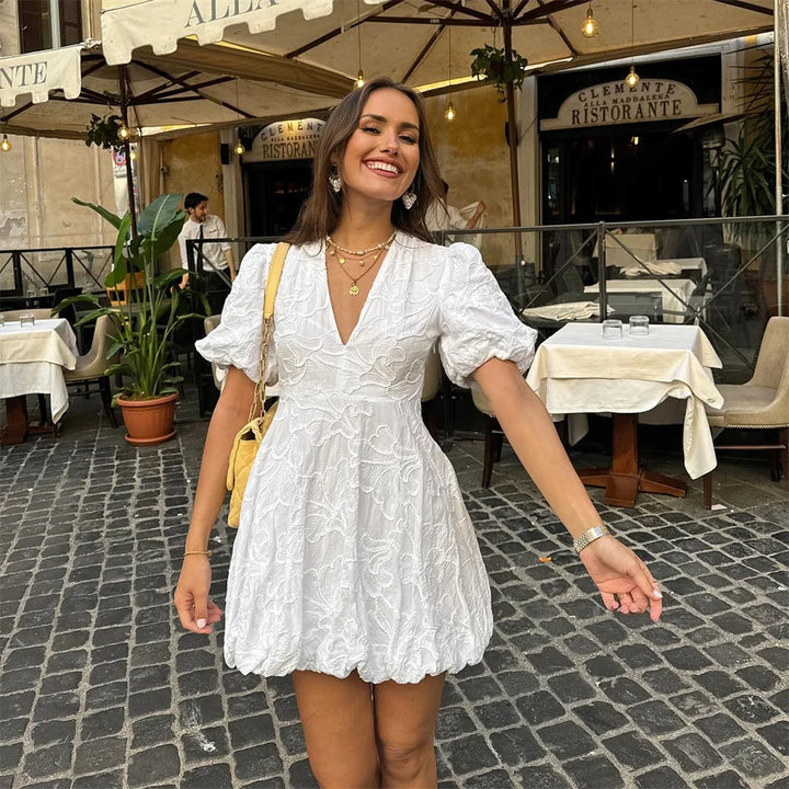 Women's Mini Dress - V-Neck - Puff Sleeves - Embroidered Fit-and-Flare Elegant Style
