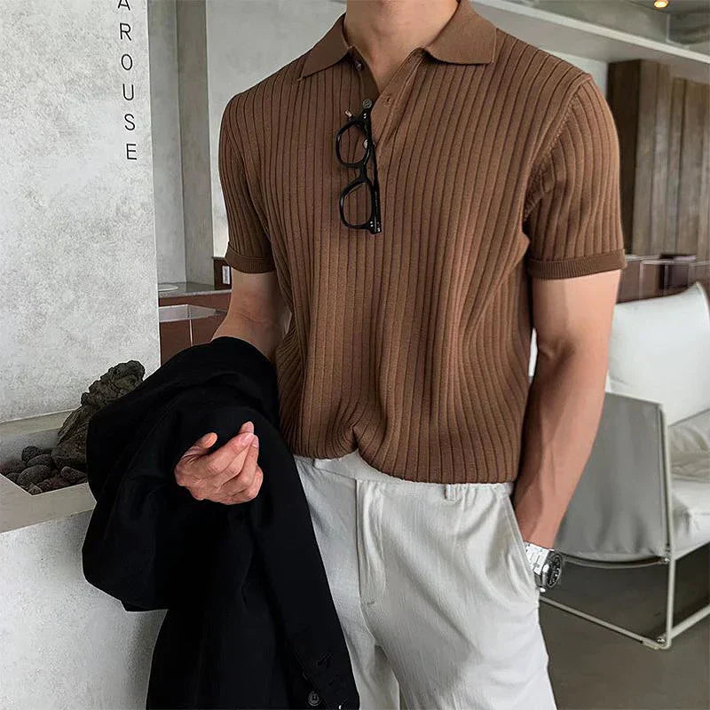 Men’s Polo Shirt - Slim Fit - Ribbed Soft Knit - Short Sleeve Smart Casual Style