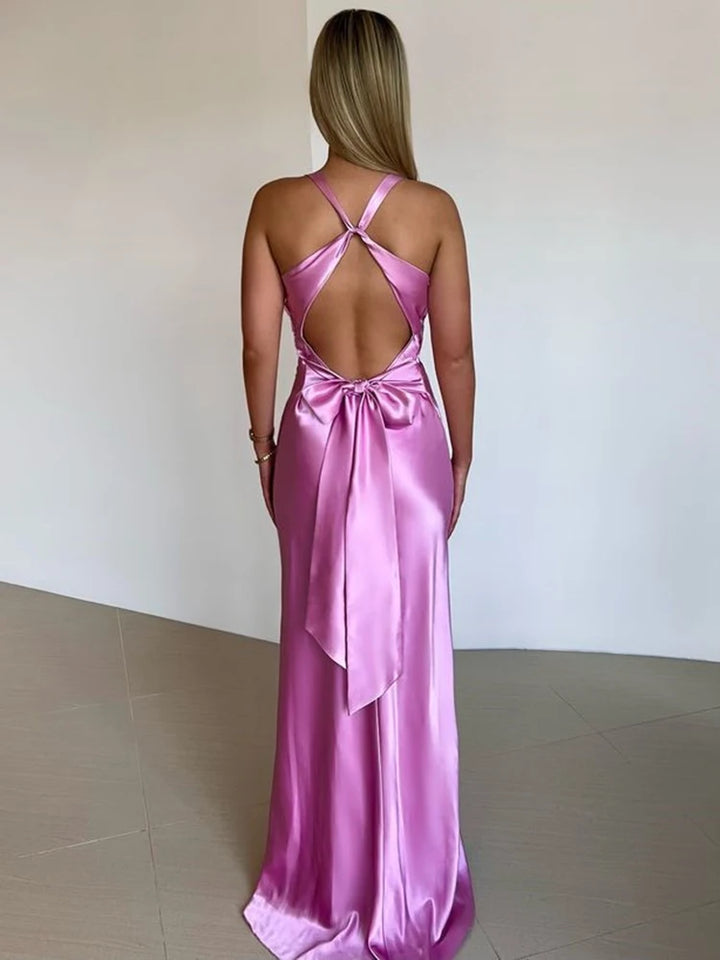 Women's Evening Gown - Satin Halter V-Neck - Twist Bust - Floor-Length Elegant Dress