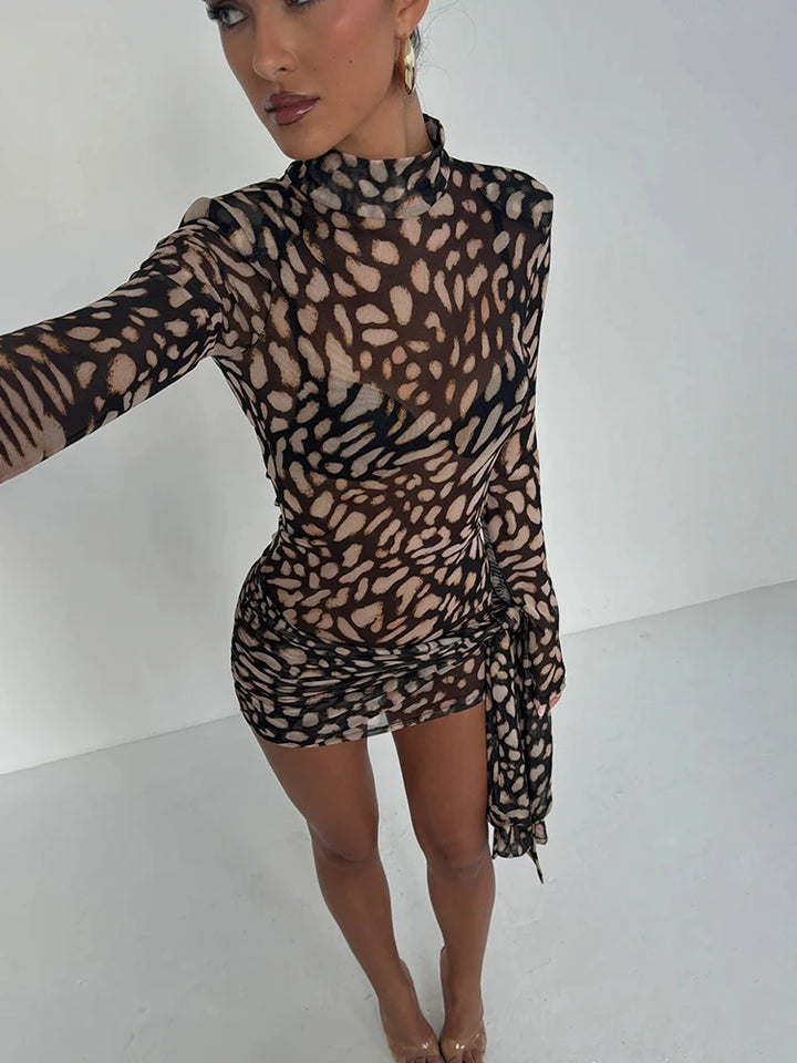 Women's Mini Dress - Animal Print - High Neck - Long Sleeve - Bodycon Fit - Side Tie