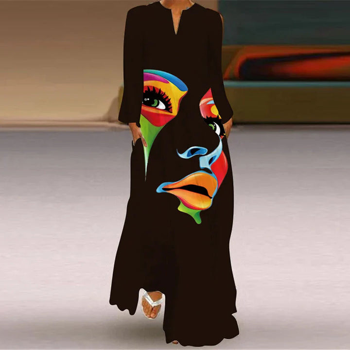 Women's Maxi Dress - Relaxed Fit - V-Neck - Long Sleeve - Abstract Face Print