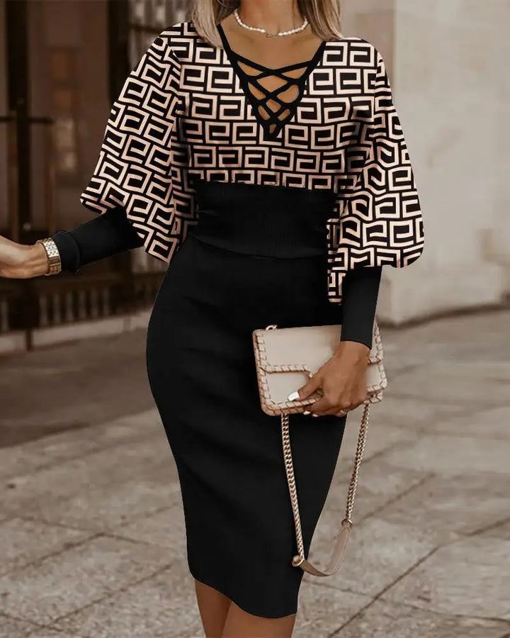Women's Two-Piece Outfit - Geometric Pattern - Criss-Cross Neckline - Cinched Waist