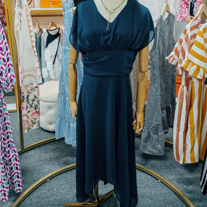 Women's Cocktail Dress - V-Neck - Flutter Sleeves - High-Low Hem - Elegant Flowing Fit