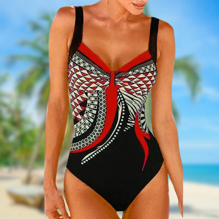 Women’s One-Piece Swimsuit – Form-Fitting – Wide Straps – Stretch Fabric – Geometric Design
