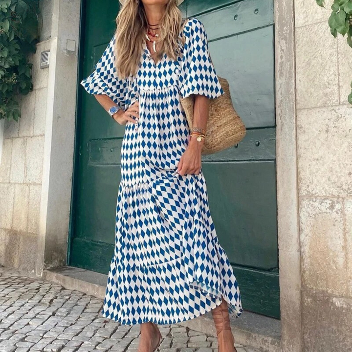 Women's Maxi Dress - Geometric Diamond Pattern - Half Sleeve - V-Neck Loose Fit