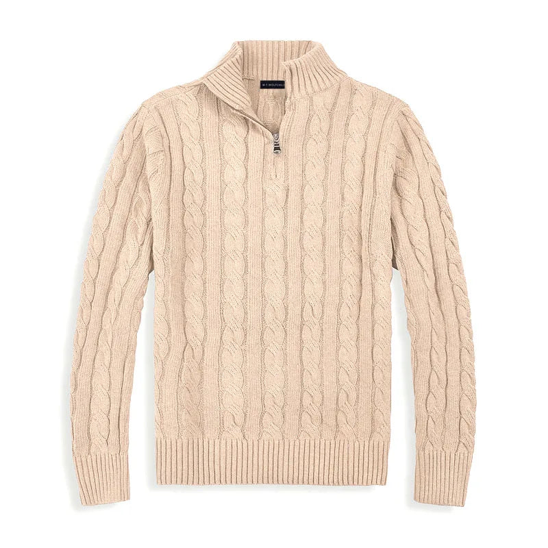 Men’s Half Zip Sweater - Cable Knit - Cotton Blend - Regular Fit - Ribbed Trim
