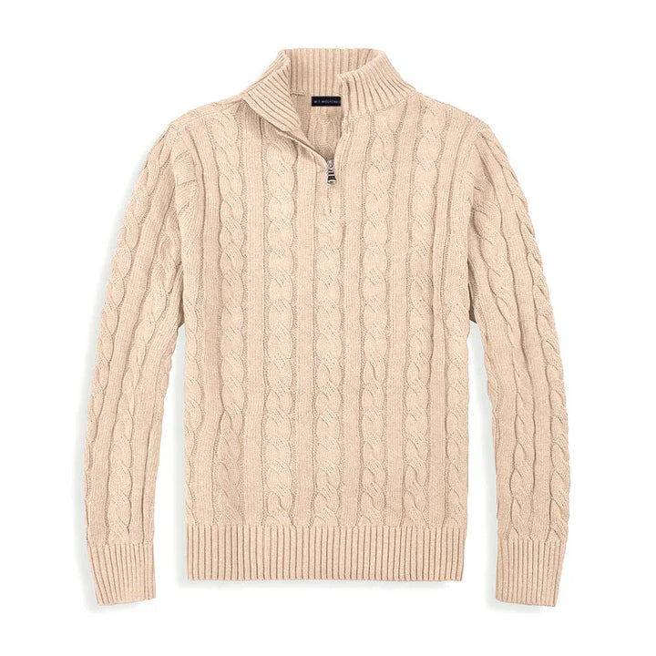 Men’s Half Zip Sweater - Cable Knit - Cotton Blend - Regular Fit - Ribbed Trim