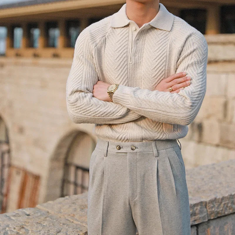 Men’s Knitted Sweater – Slim Fit – Cable Knit – Polo Collar – Long Sleeve