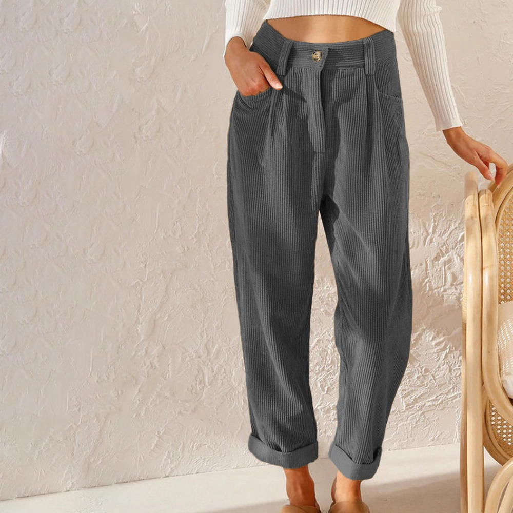 Women’s Corduroy Pants - High Waist - Pleated Front - Relaxed Fit - Ribbed Texture