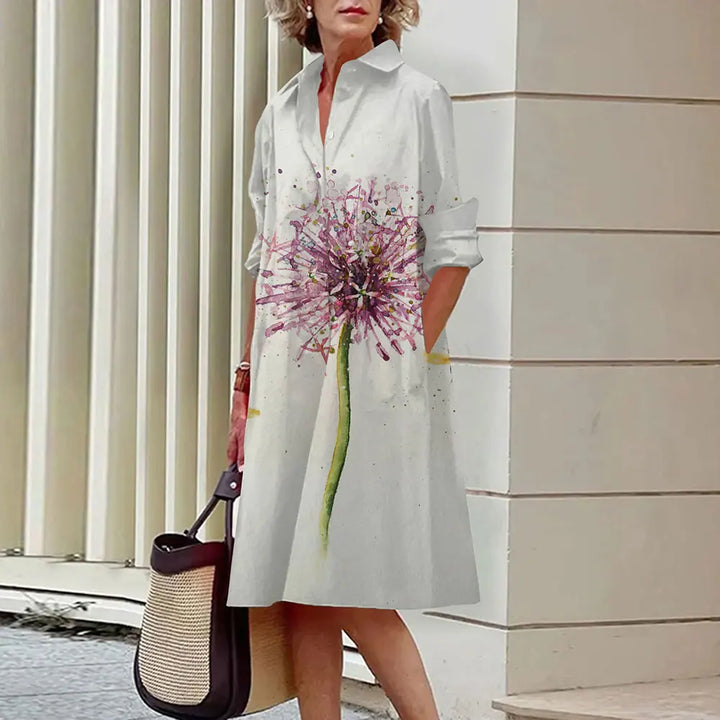 Women's A-Line Shirt Dress - Button Down - Long Sleeve - Classic Collar - Knee Length