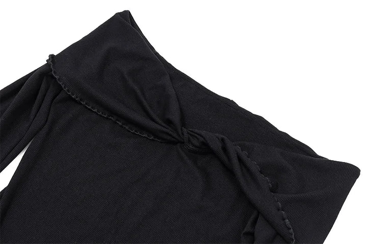 Women's Off-Shoulder Dress - Ribbed Texture - Long Sleeve - Flared Skirt - Ruffled Hem
